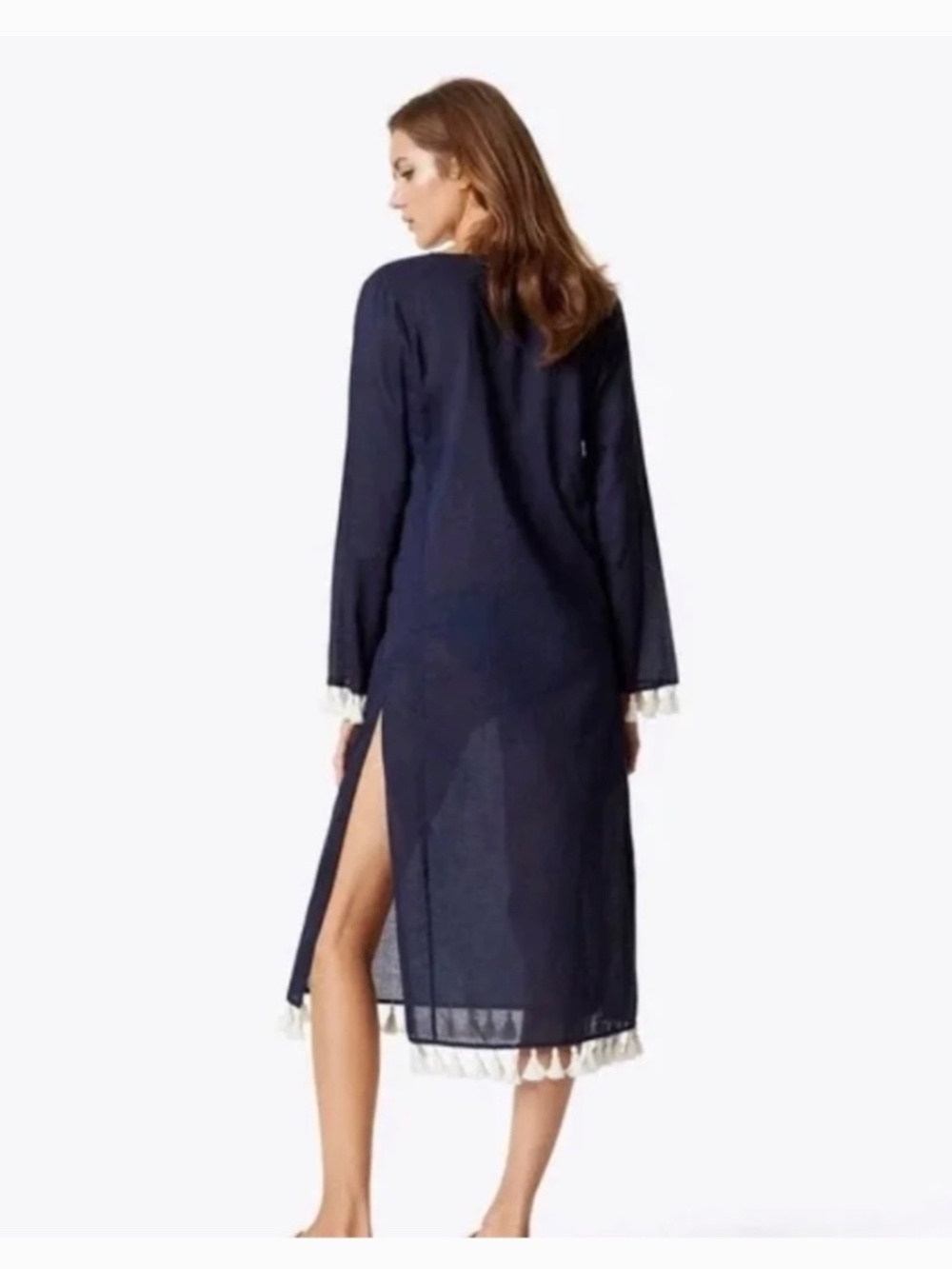 Tory Burch Sandy Tassel Navy Midi Tunic Dress S Coverup NWOT - Picture 4 of 11